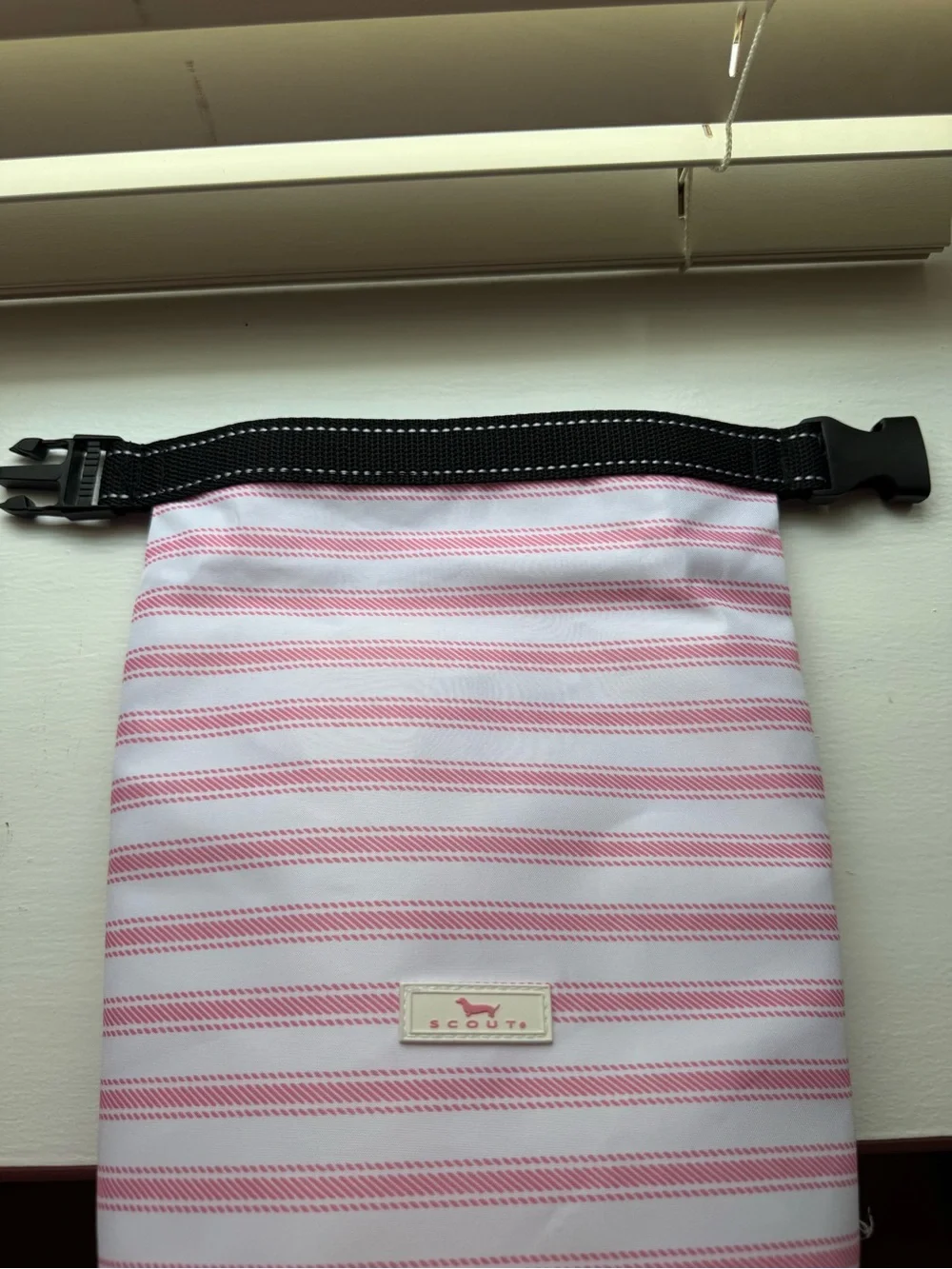 Scout Pink and White Striped Roll-Top Lunch Pouch with Black Strap